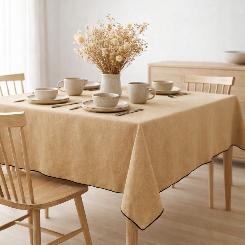 Nappe recyclée Grace Camel 140 x 140 en situation