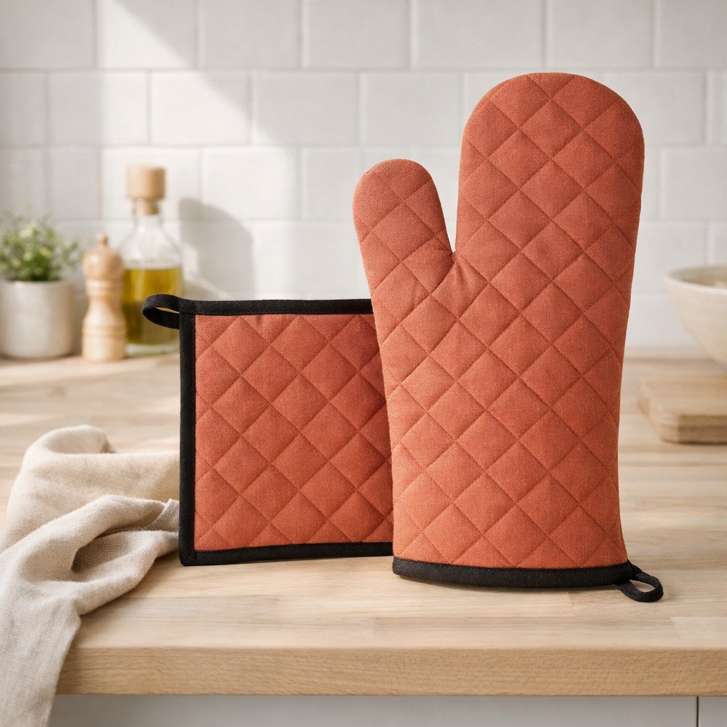 Lot Gant de cuisine/Manique recyclé Grace Tomette 18 x 32 en situation