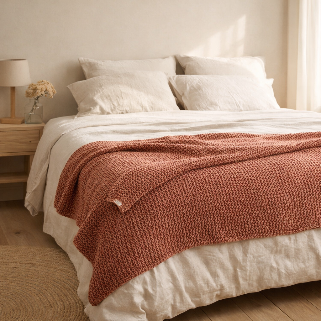 Jeté de lit recyclé Maia Terracotta 260 x 260 en situation