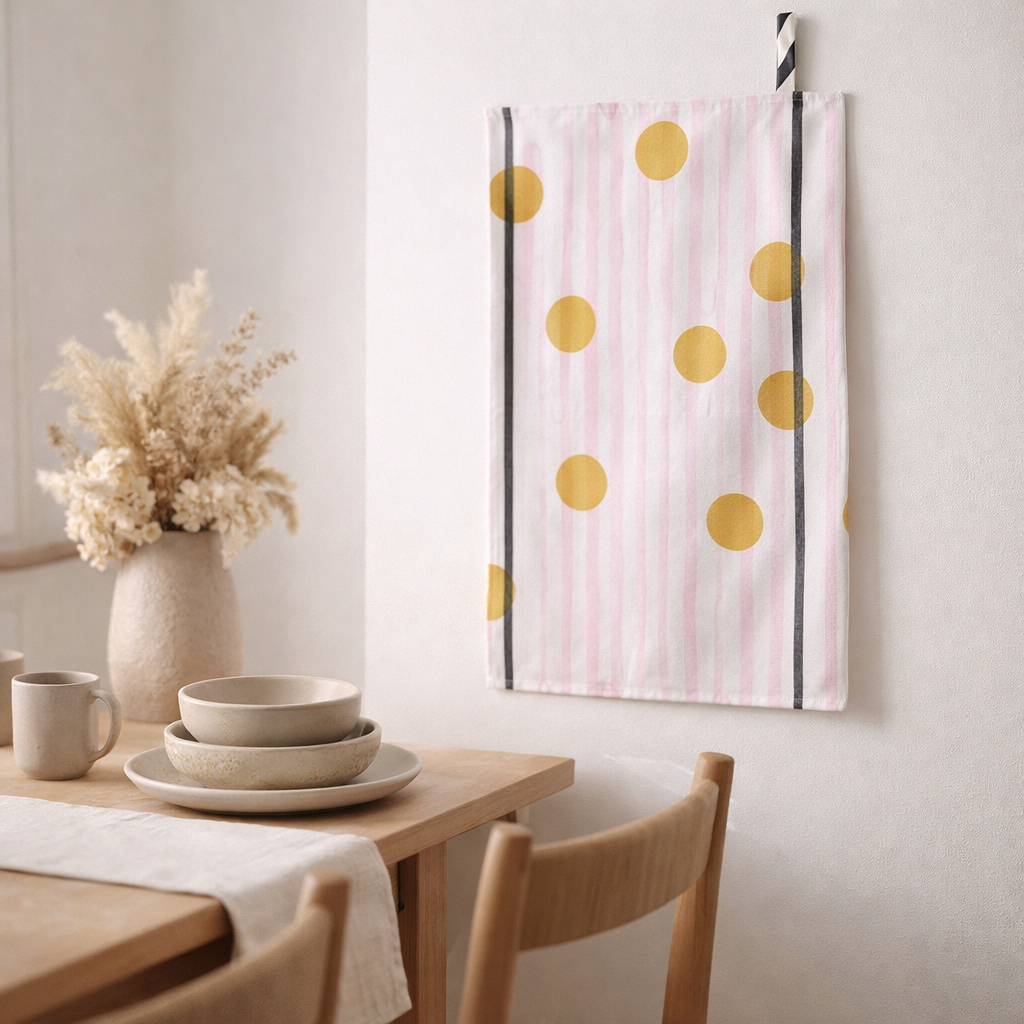 Torchon rayé Citron Jaune Blanc 50 x 70 en situation