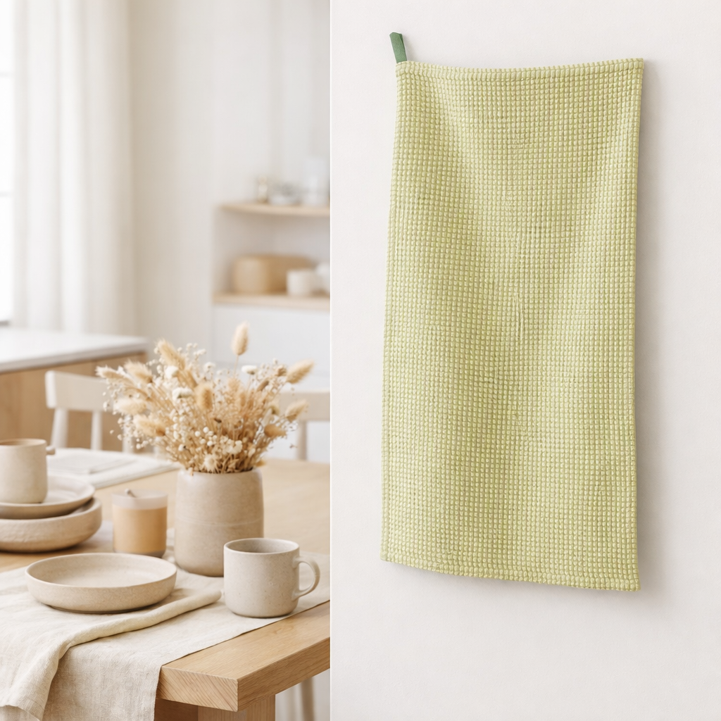 Torchon nid d'abeilles bicolore Mumba Prairie naturel 50 x 70 en situation