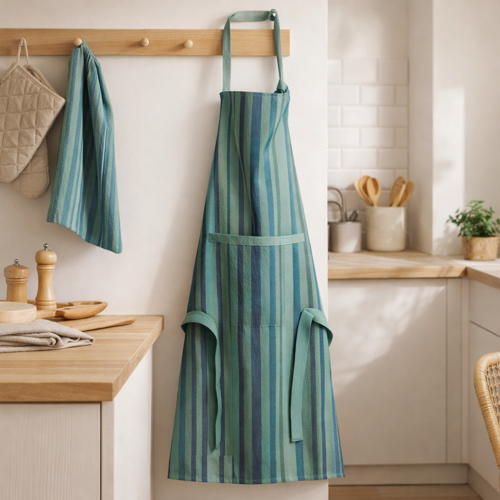 Tablier de cuisine recyclé Yuna avec poche Paon 72 x 85 en situation