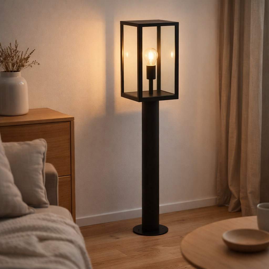 Lumière de la chaussette extérieure Aila H: 80 cm, pour l'extérieur, lampe à til -rieur en métal et en verre en noir, E27, lumière de chemin en situation