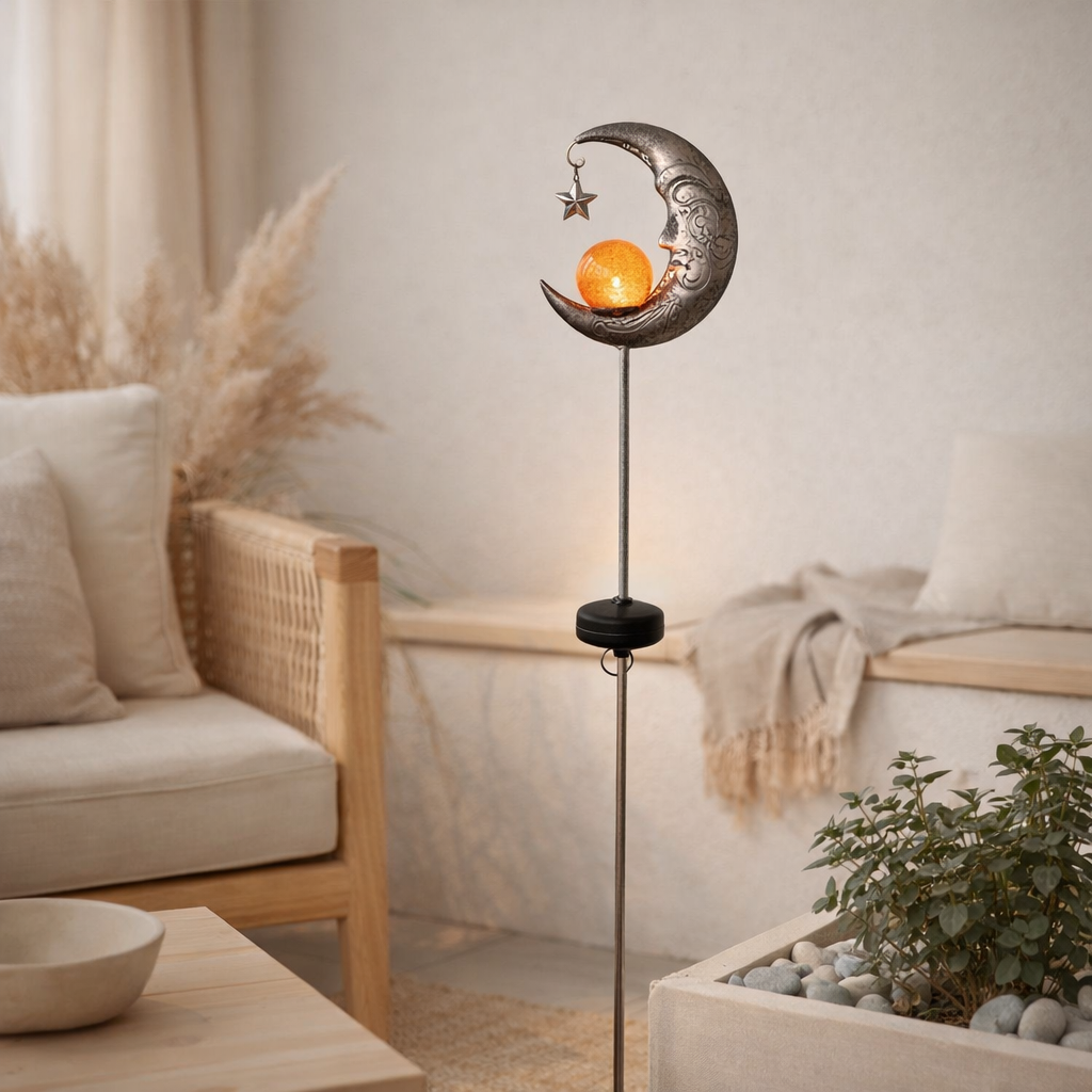 Lune à la terre solaire LED, pour l'extérieur, la brochette de terre en métal et en verre en argent, avec LED intégrée en situation