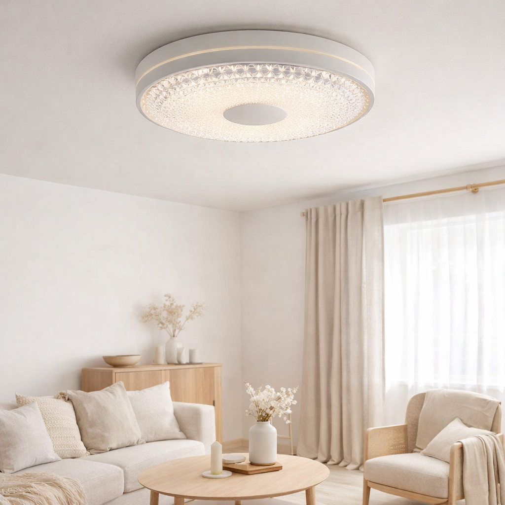 Plafond LED Boise Ø 51 cm avec de nombreuses fonctions, en métal et en plastique, blanc, avec des LED intégrées, éclairage pour le salon ou le bureau en situation