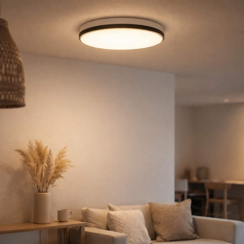 Plafond LED Irvine, lampe plafond en métal, blanc, blanc, avec des LED fermement construites, pour la salle à manger, le salon, le hall ou le bureau, Ø30,5 cm en situation