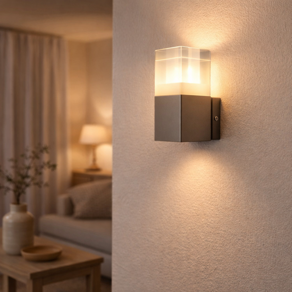 Lampe murale externe LED Leah en métal et en plastique en acier-liD intégré LED en situation