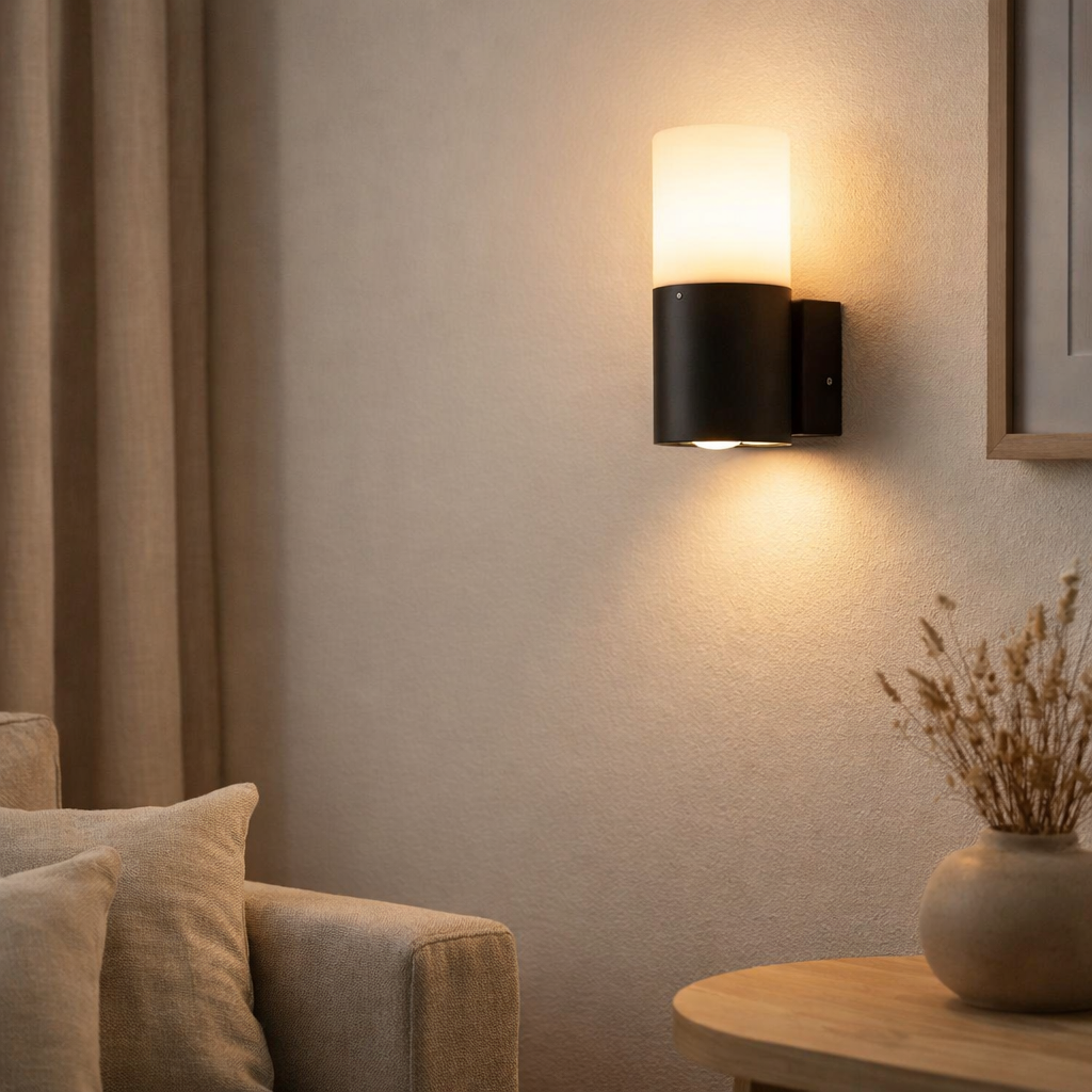 Lampe murale extérieure torcia 16,5 cm de haut, en métal et en plastique en noir, E27 en situation