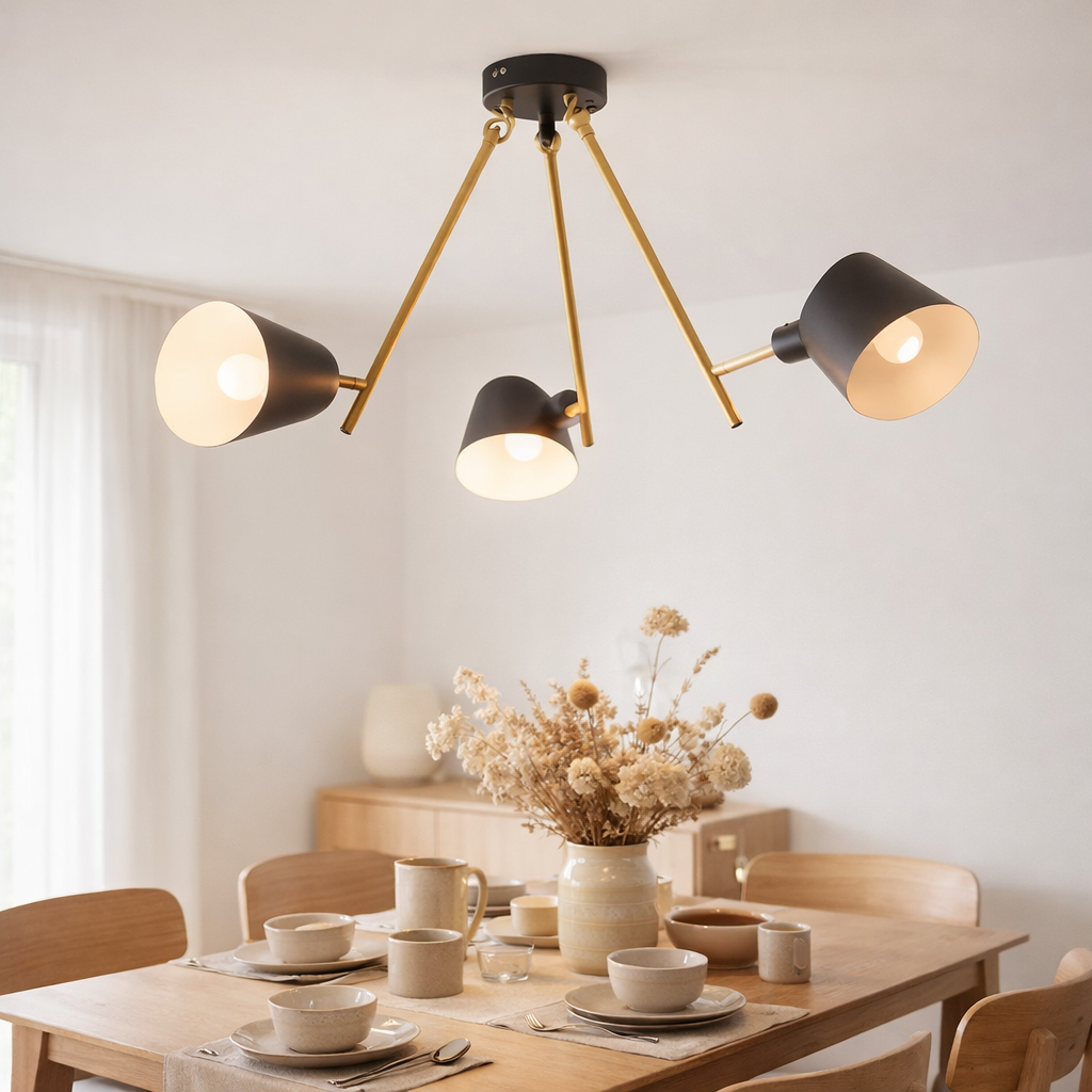 Le plafond à 3 places Triton en métal noir avec version E27, éclairage pour le salon, table à manger ou bureau en situation