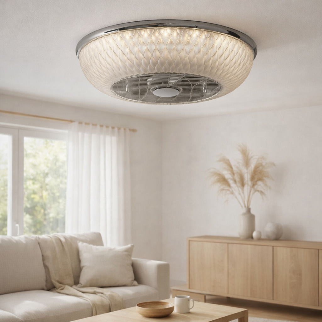 Plafond LED Viento avec ventilateur, en métal et en plastique, avec des LED intégrées, éclairage pour le salon ou le bureau en situation