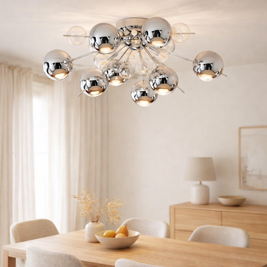 Plafond Explosion Chrome en métal et verre, versions G9, plafond pour salle à manger, salon, couloir ou bureau, Ø57 cm en situation