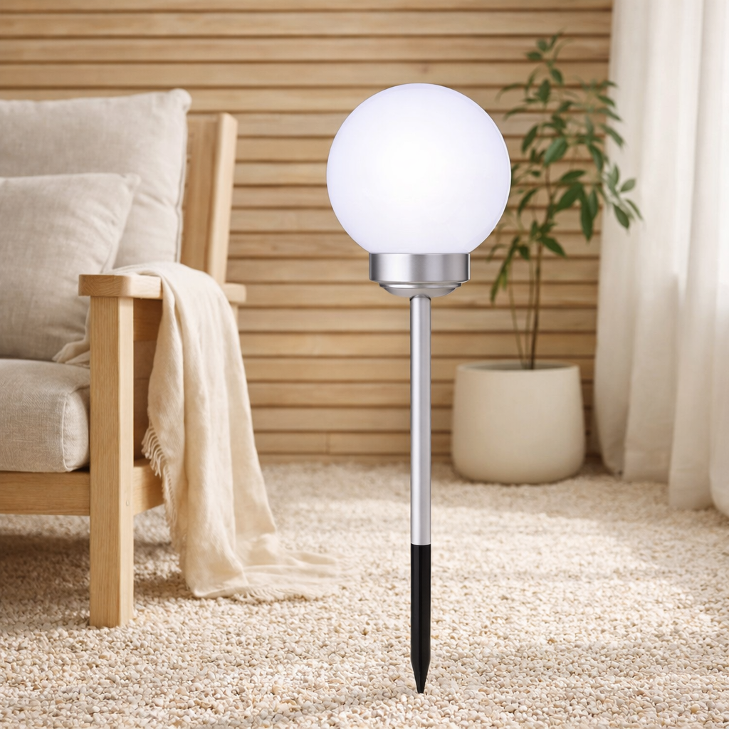 LED à l'extérieur de la broche sphérique balle D: 25 cm, brochette de terre en plastique, blanc, avec LED intégrée en situation