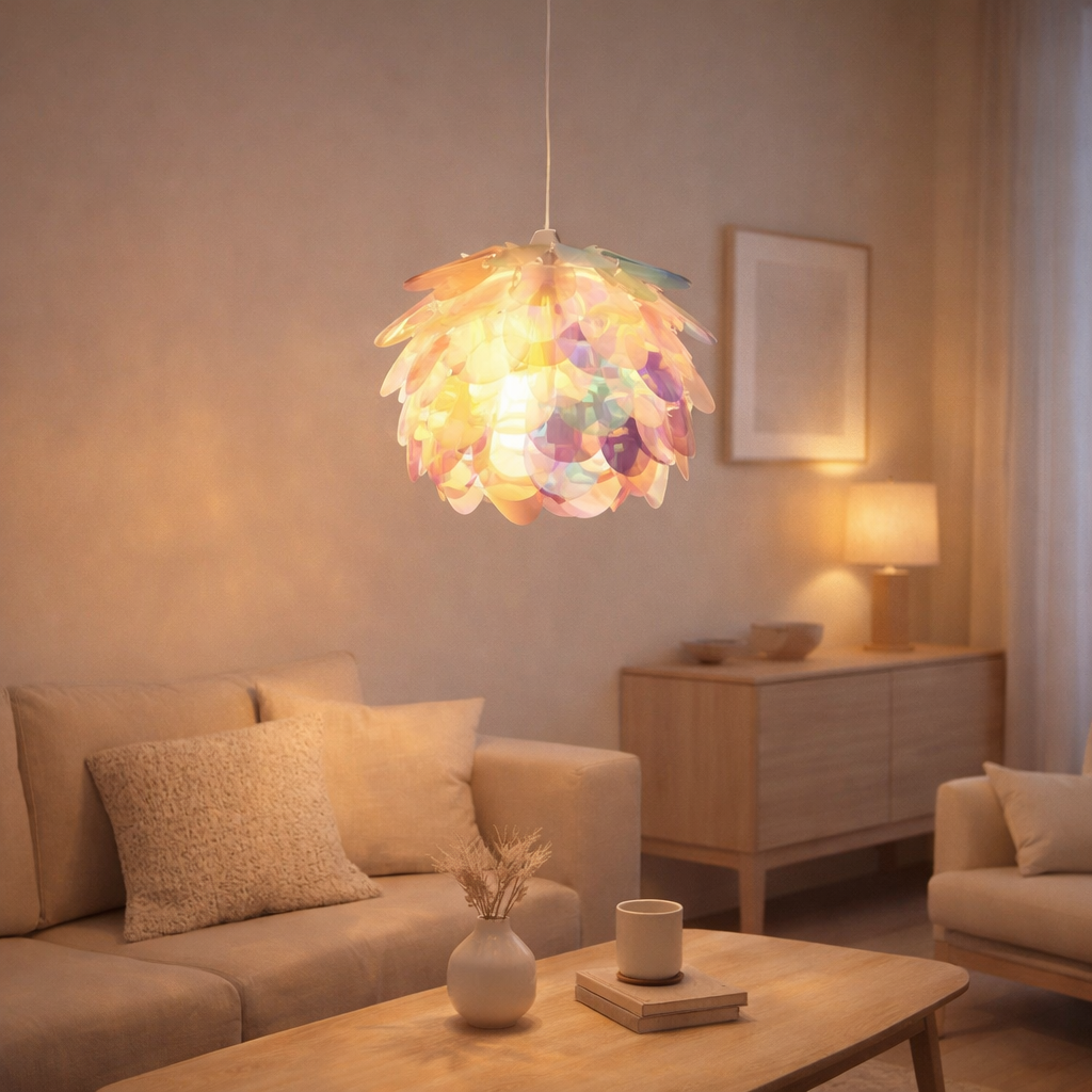Pendant la lampe Fora en métal et en plastique irisé, douille E27, éclairage pour le salon, salle à manger et bureau, Ø40 cm en situation