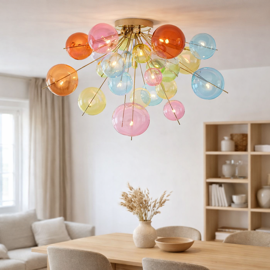 Plafond explosion colorée en métal et en verre, cadres G9, plafond pour salle à manger, salon, couloir ou bureau, Ø57 cm en situation