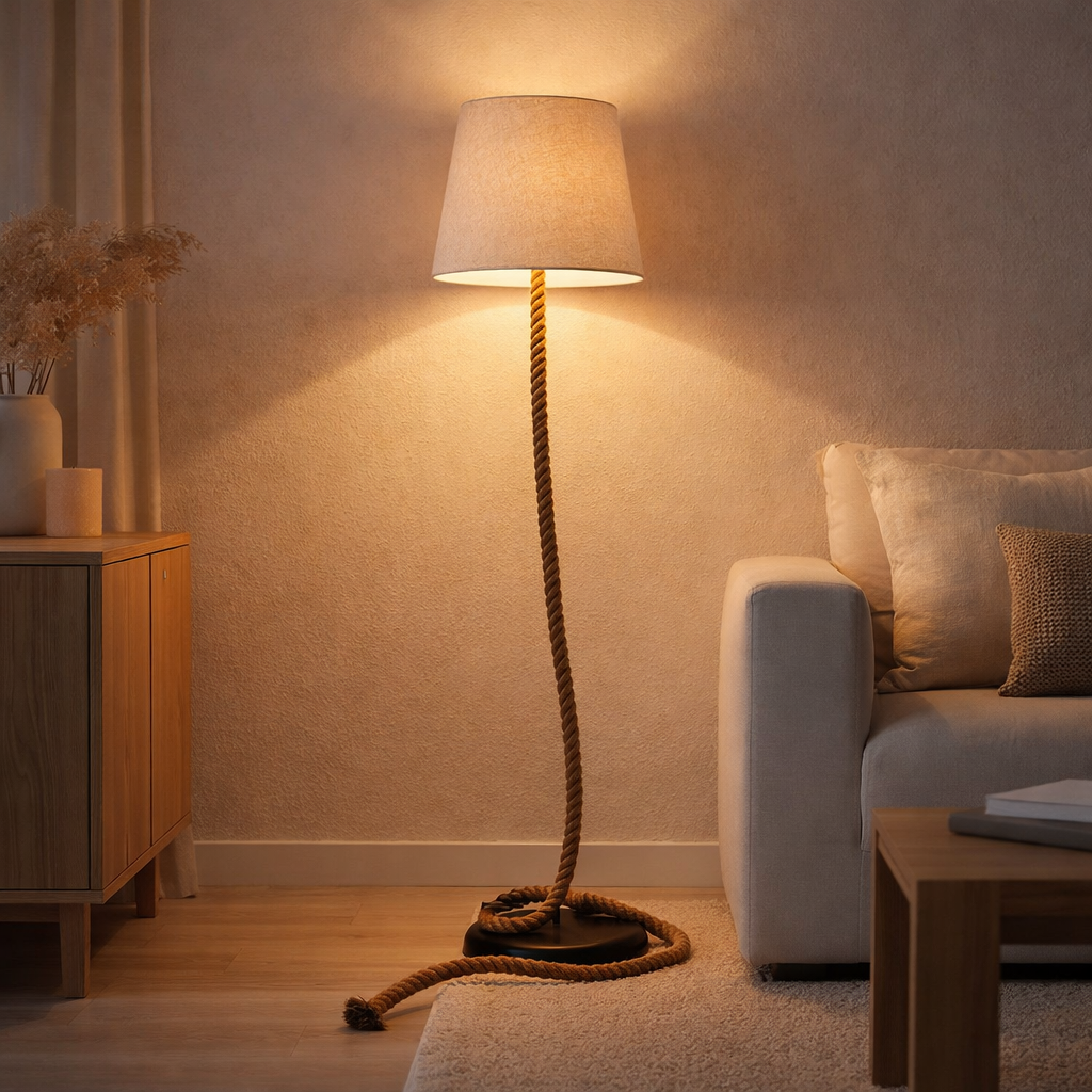 Lampe debout corde en métal, en plastique, en jute et en textile dans la nature, avec version E27, éclairage pour le salon, la salle à manger ou le bureau, 165 cm de haut en situation