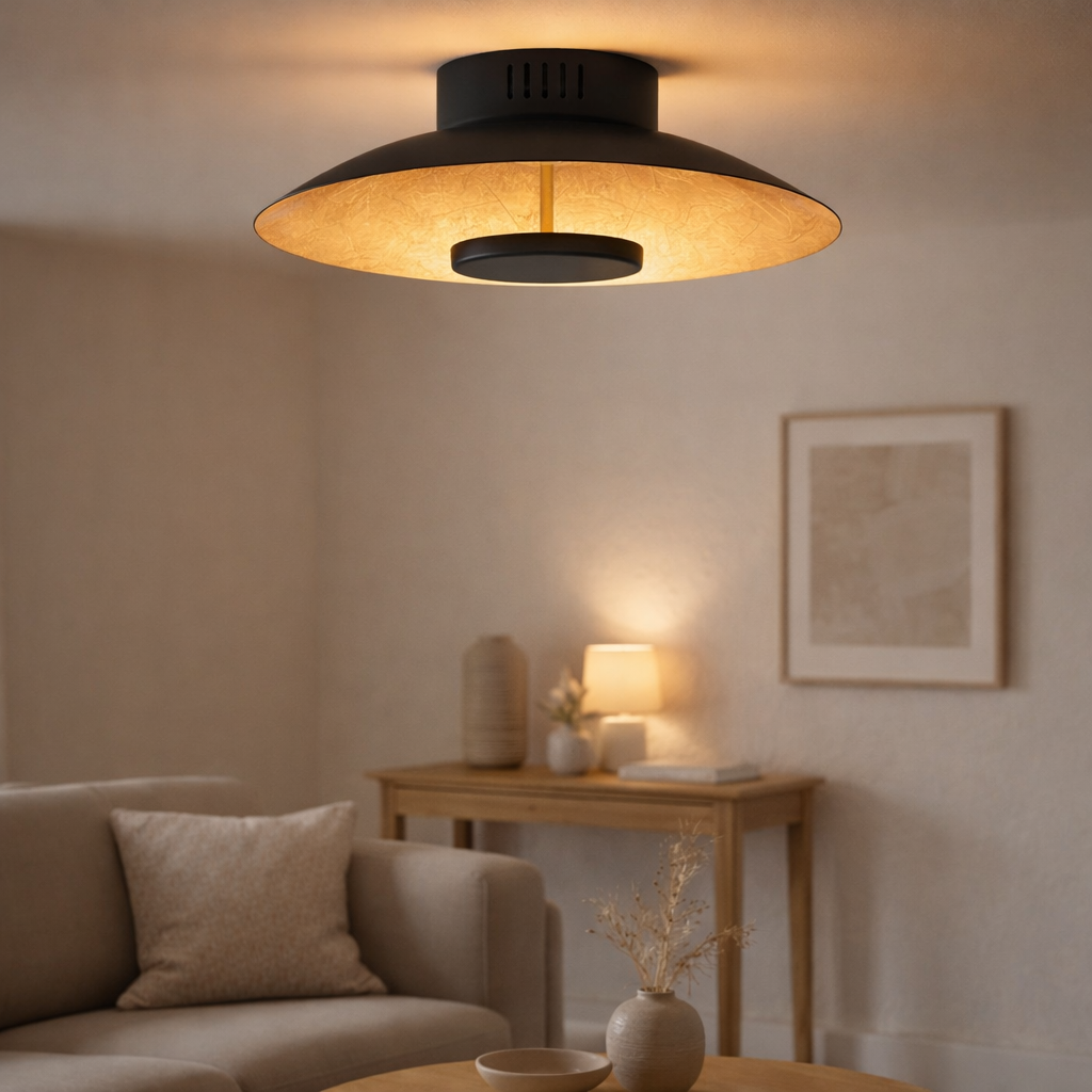 Lampe à plafond LED Firenze lampe plafond métallique en noir et or, LED fermement installée, éclairage pour le salon, le bureau ou la tige d'entrée de 40 cm de diamètre en situation