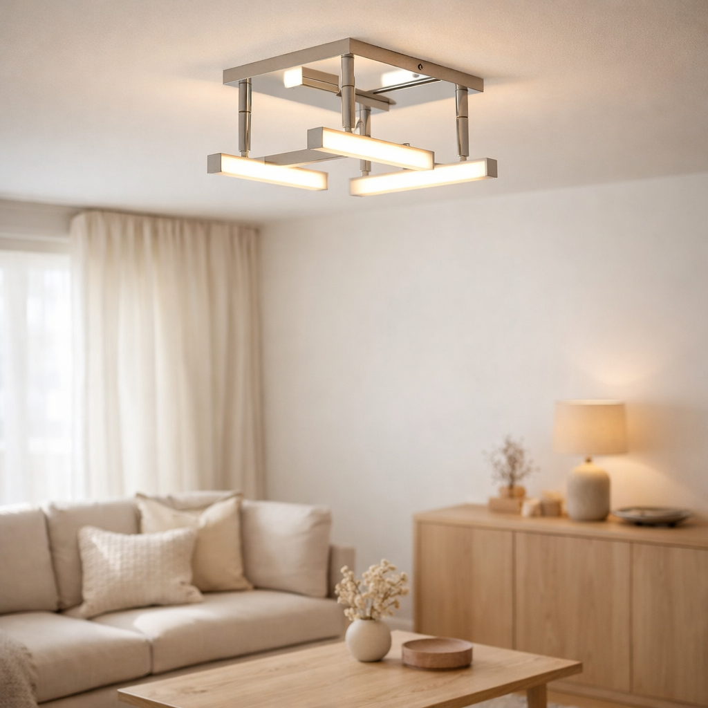 Plafond LED Turin 25 cm x 25 cm, environ 11 cm de haut, en métal chromé, en plastique colorant Opale, LED intégrée, blanc chaud en situation