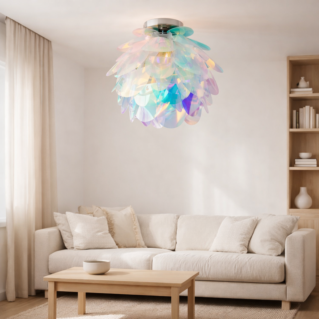 Plafond Fora en métal et en plastique irisé, douille E27, éclairage pour le salon, salle à manger et bureau, Ø40 cm en situation