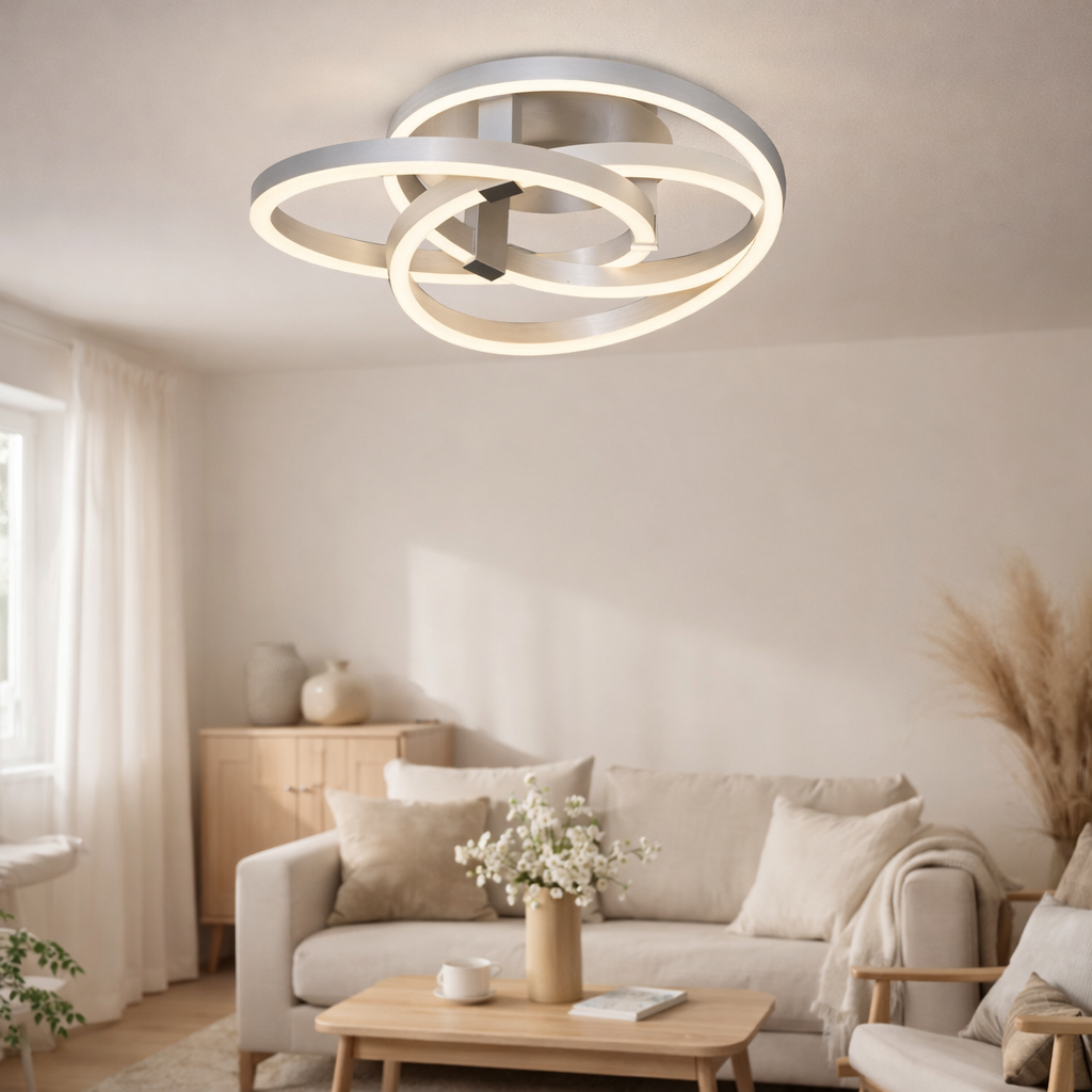 LED DE PLAGE LED HOME SMART Diva Ø 70 cm, plafonnier en métal, en aluminium brossé et en plastique blanc, avec de nombreuses fonctions, des LED fermement construites, l'éclairage pour le salon, le bureau de la salle à manger ou le couloir en situation