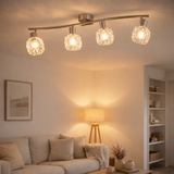 Spot dirigé à 4 Josefa avec filament de version E14, lampe de plafond en métal et verre en acier inoxydable, avec des lampes filamentaires de version E14 incluses, lampe pour le salon, la salle à manger, le couloir ou le couloir 70 x 8 cm en situation