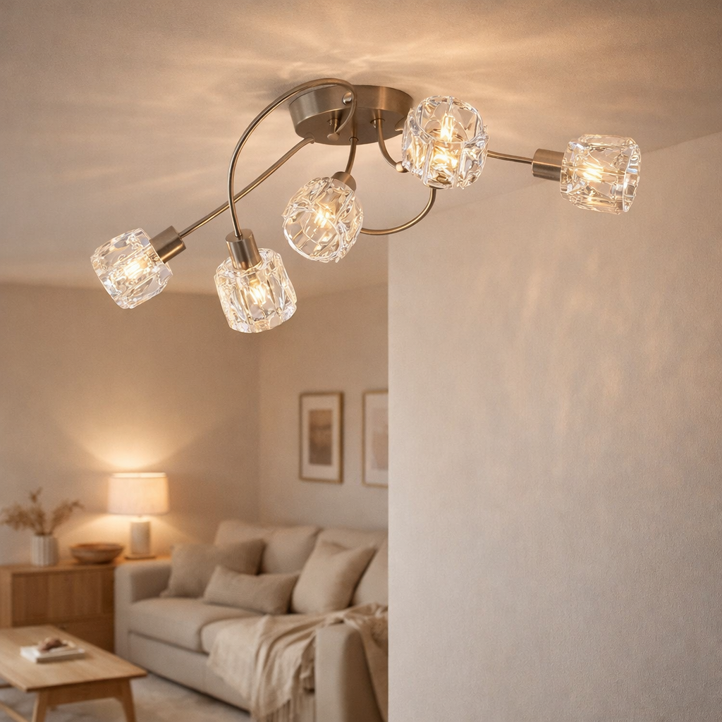 Le plafond de 5 LED Josefa, lampe au plafond en métal et le verre en acier inoxydable, avec des lampes filamentaires de version E14 incluses, pour le salon, la salle à manger, le couloir ou le couloir 61 x 36 x 21 cm en situation