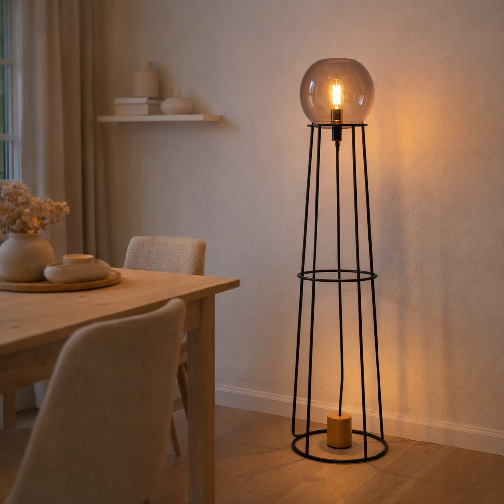 Lampe d'empilement Stelo, lampadaire moderne en métal noir et verre fumé, socket E27, 128,5 cm de haut, pour salle à manger, salon, couloir ou bureau, en situation
