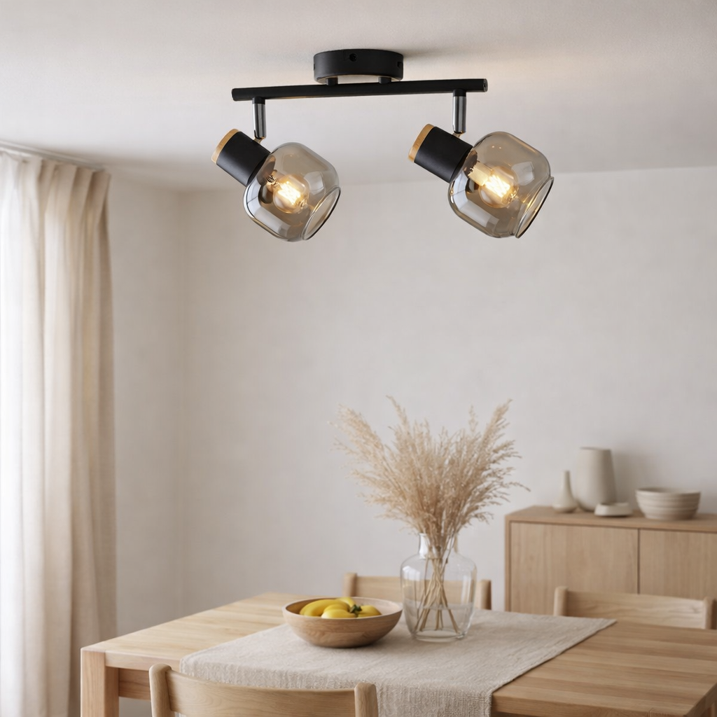 2 pancarnetes Fumoso, plafond métallique et verre fumé en noir, et nature, avec socket e14, pour salle à manger, salon, couloir ou bureau, 40 x 20 cm en situation