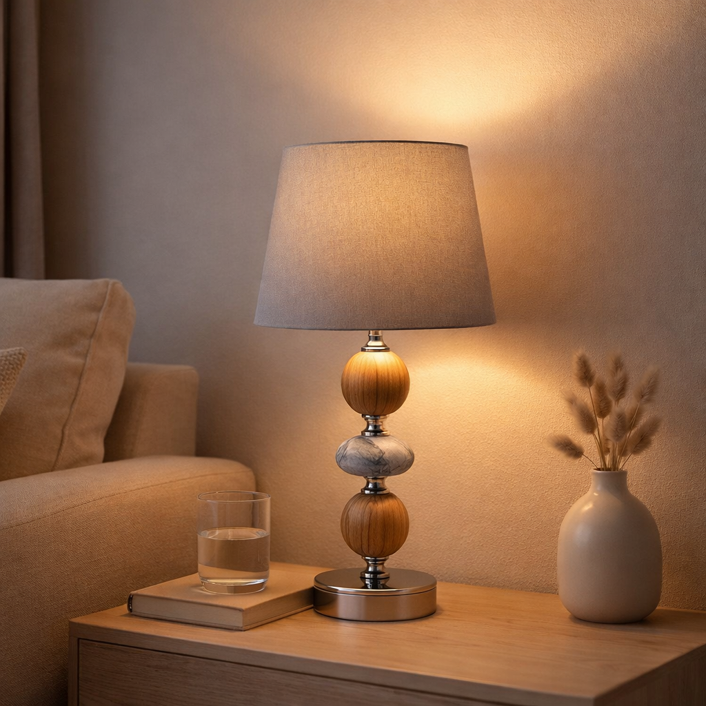 Lampe de table en céramique Araga 36 cm de haut, lampe de table en métal, bois et marbre, avec des lames de texte, gris, avec socket E14, éclairage pour salle à manger, salon, couloir ou bureau en situation