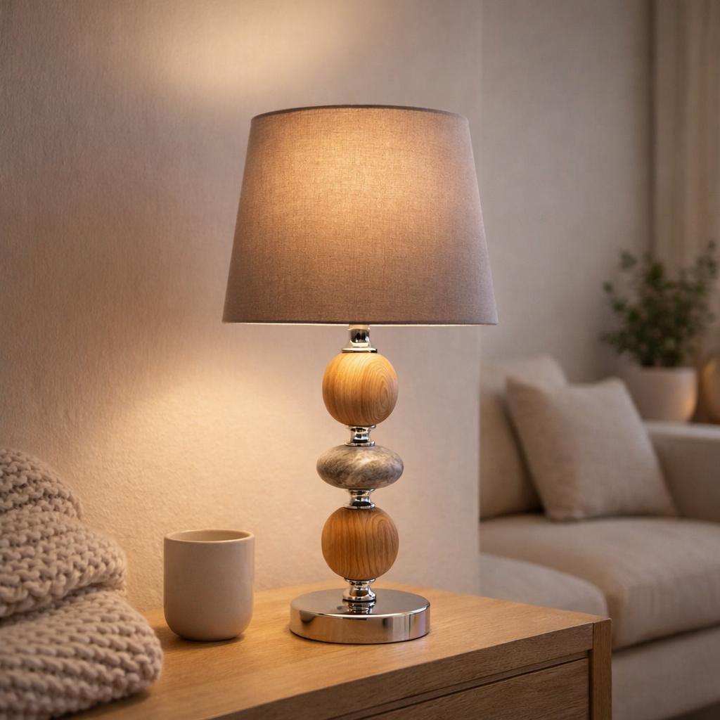 Lampe de table en céramique Araga 36 cm de haut, lampe de table en métal, bois et marbre, avec des lames de texte, gris, avec socket E14, éclairage pour salle à manger, salon, couloir ou bureau en situation