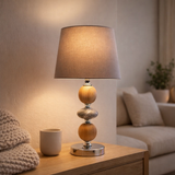Lampe de table en céramique Araga 36 cm de haut, lampe de table en métal, bois et marbre, avec des lames de texte, gris, avec socket E14, éclairage pour salle à manger, salon, couloir ou bureau en situation