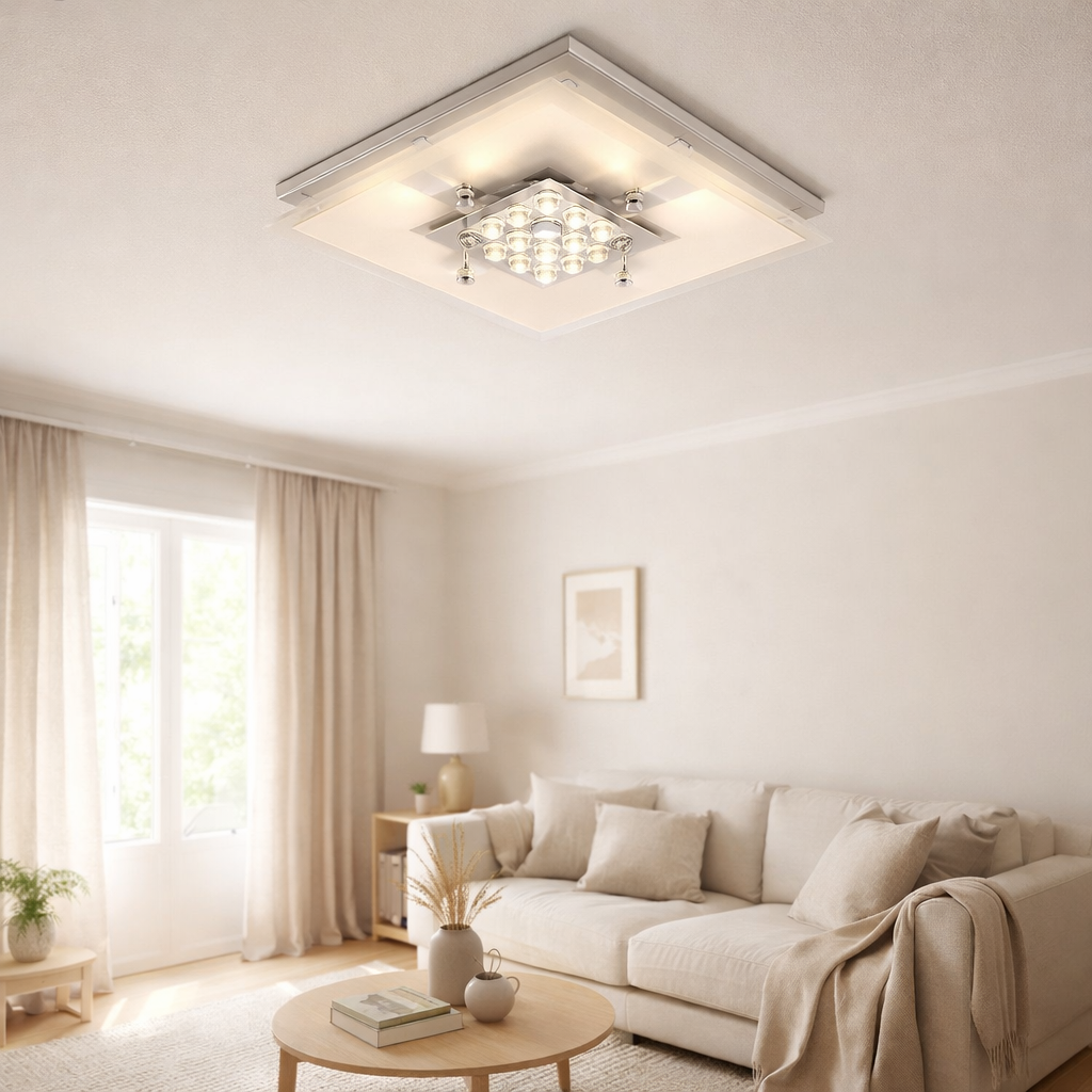 Le plafond LED Chur 30 x 30 cm, métalcolaire chom, verre satiné de pièce, LED intégrés, blanc chaud en situation