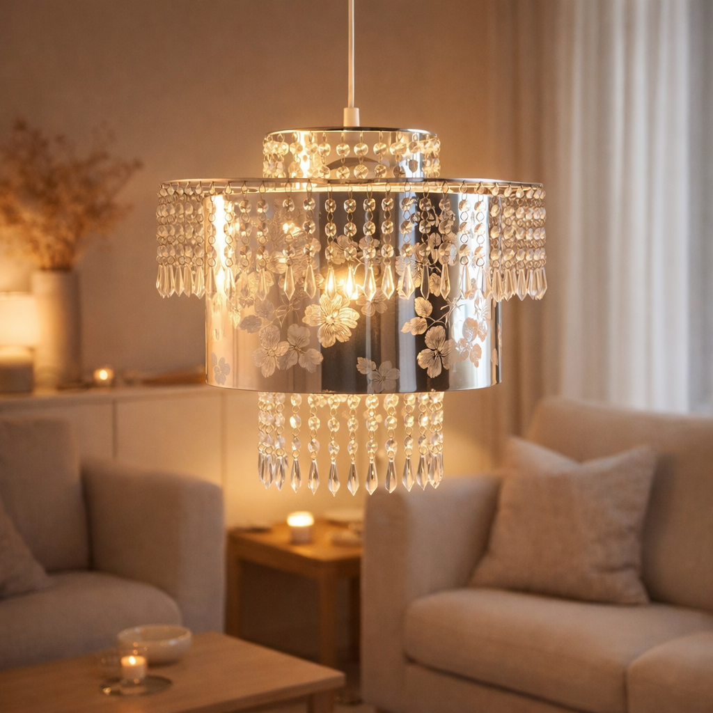 La lampe à pendentif en acrylique fantaisie de lustres modernes en métal et en plastique en chrome, avec version E27 et un Øvon 32 cm en situation