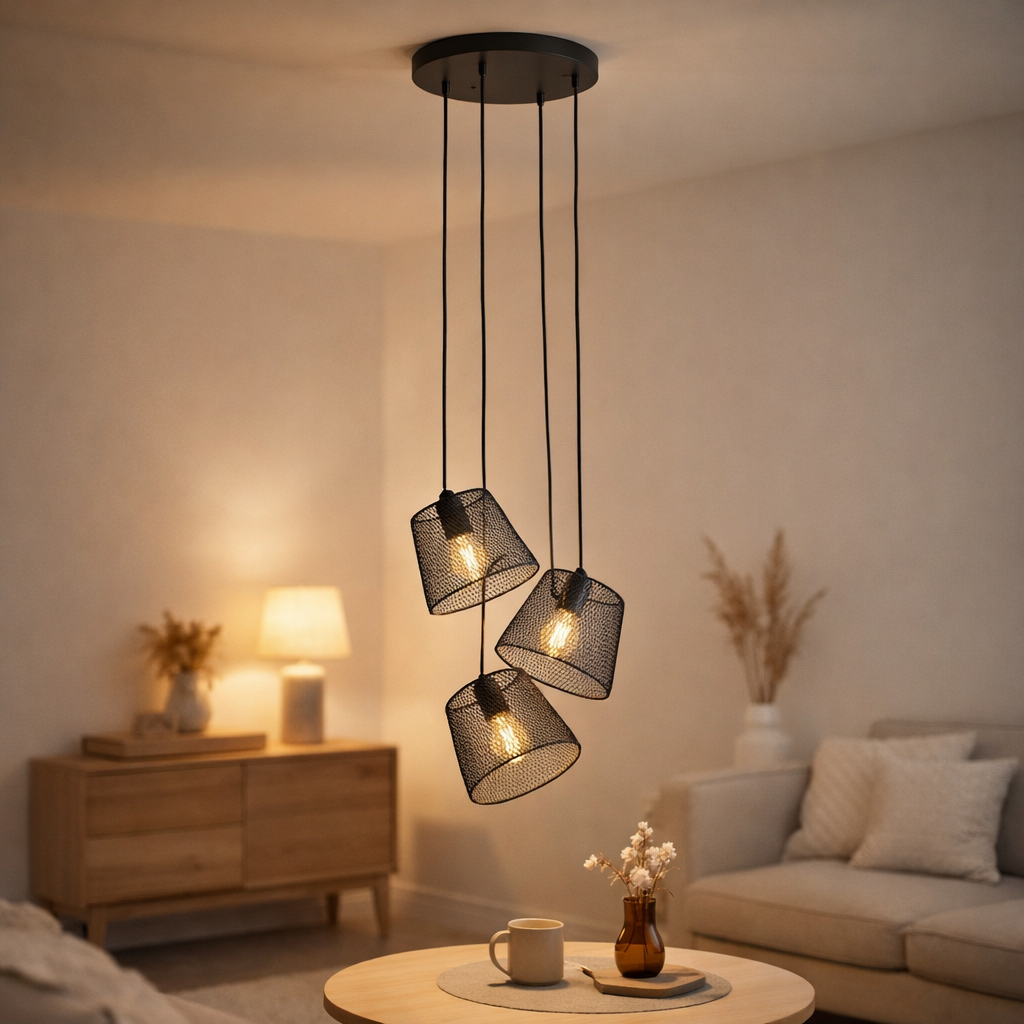 La lampe suspendue à 3 places Korie pendante en métal en noir, avec des versions E27, Ø30 cm, pour le salon et le bureau. en situation