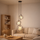 «Cadre» de la lampe suspendue à 3 flammes, lampe suspendue rétro en métal et en verre en noir et blanc avec une prise G9, un total de 147 cm de haut, pour la zone de vie et le bureau. en situation