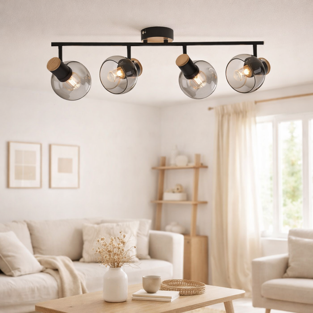 4er spot plafonnier Fumoso, plafonnier en métal et verre fumée en noir, avec socket e14, pour salle à manger, salon, couloir ou bureau, 80 x 20 cm en situation