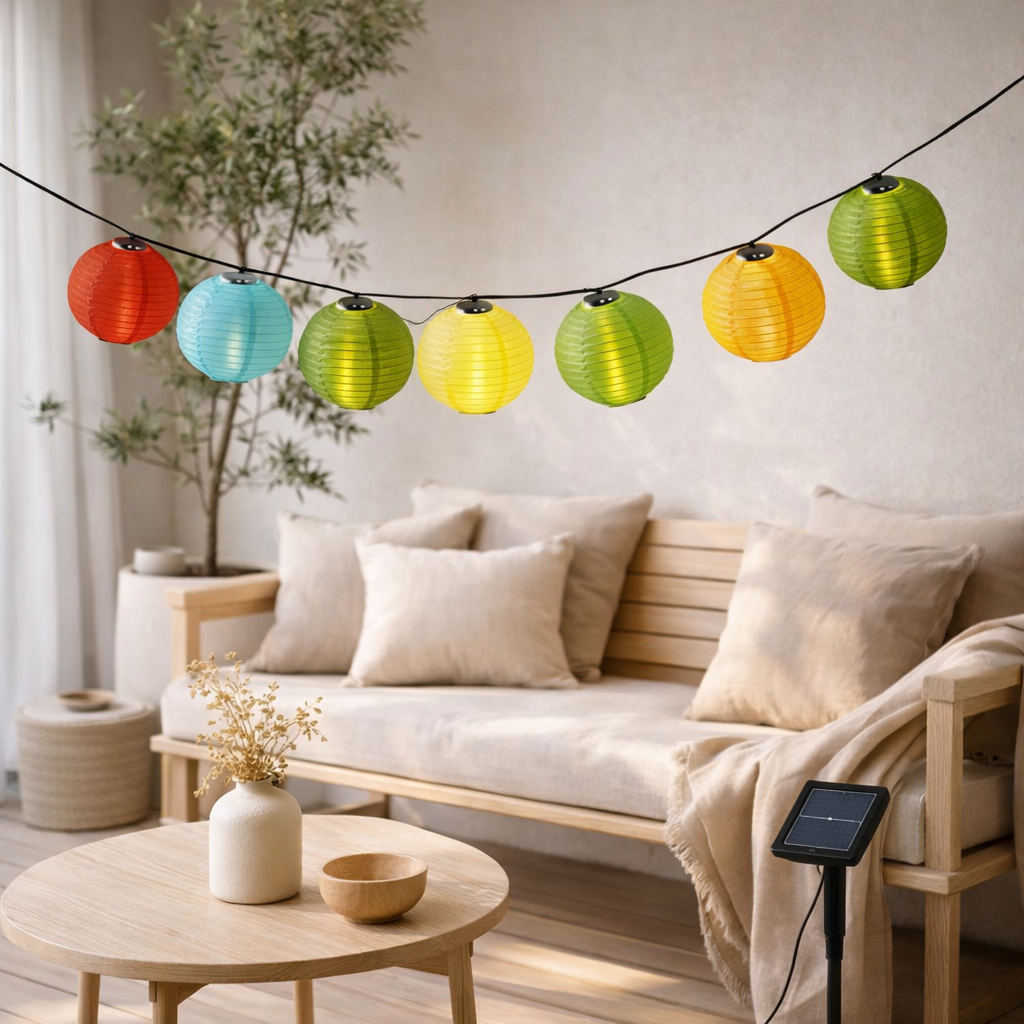 Chaîne légère à 10 solaires textiles LED colorée, pour l'extérieur, chaîne légère-métal et plastique et textile, coloré, avec LED intégrée en situation