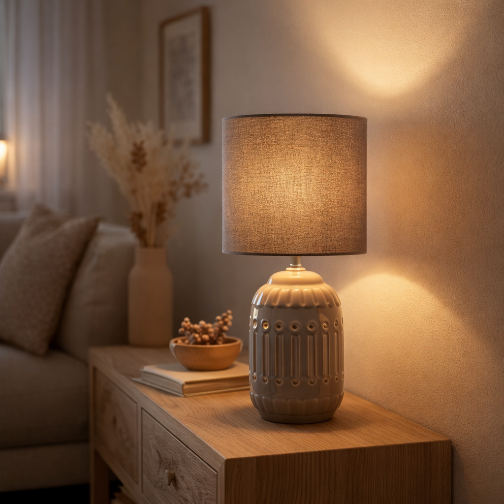 Lampe de table en céramique Erida, lampe de table en céramique en gris, avec douille E14, pour salle à manger, salon, couloir ou bureau, lampe à l'intérieur en situation