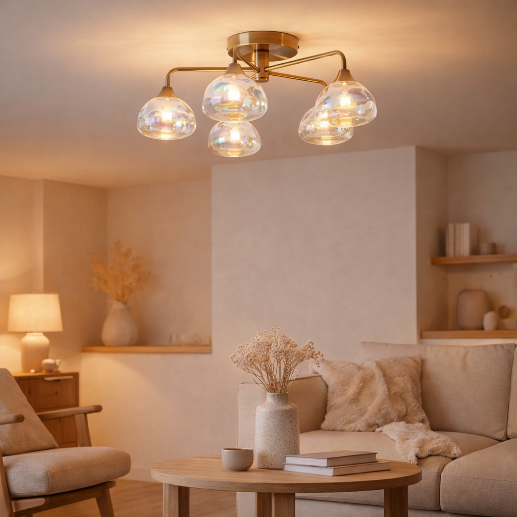 «Varna» à lampe à plafond LED, lampe à plafonnier en métal de couleur en laiton et en verre d'iris, avec des LED fermement installées, 50 cm de diamètre, un éclairage élégant pour le salon, la salle à manger ou le couloir en situation