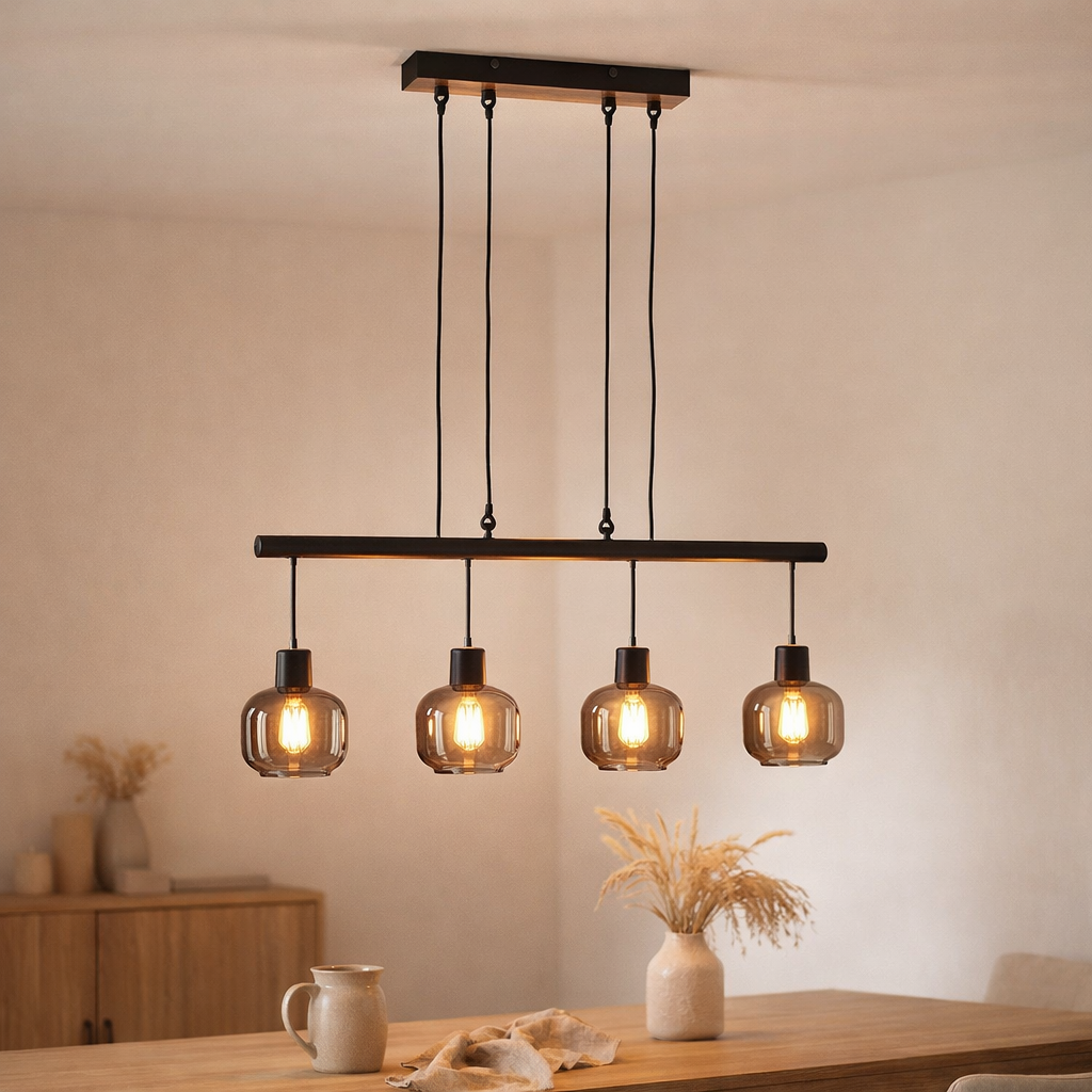 4 pendentif Fumoso, hauteur de lampe pendentielle réglable en métal et verre fumée en noir, avec socket e14, pour salle à manger, salon, couloir ou bureau, 78 x 10 cm en situation