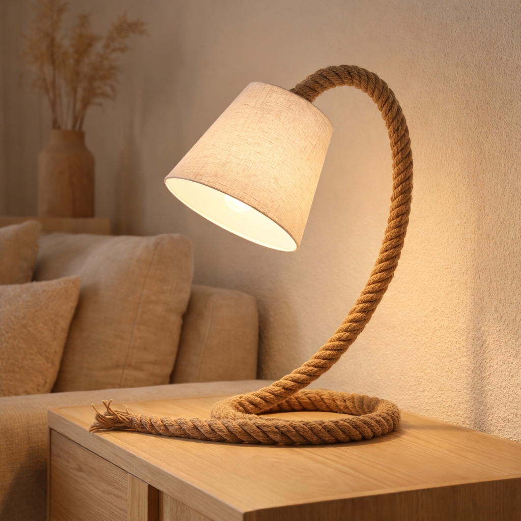 Lampe de table avec corde de soufflerie de texte, lampe de table en métal, plastique, jute et textile en blanc, avec version E14, pour le salon, couloir ou bureau, 35 cm de haut en situation