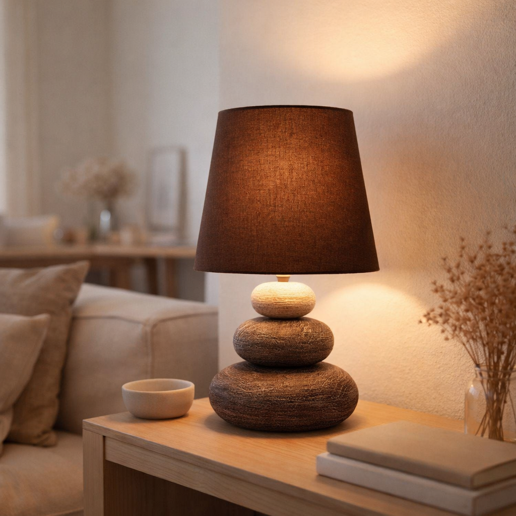 Lampe de table en céramique Stoney, lampe de table en céramique en marron, avec douille E14, lampe de table pour salle à manger, salon, couloir ou bureau, ou comme lampe de chevet, 31 cm de haut en situation