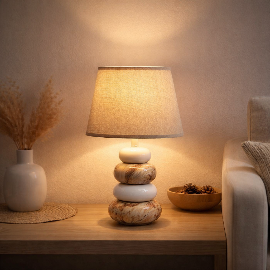Lampe de table en céramique Stoney, lampe de table en céramique en marron, avec douille E14, lampe de table pour salle à manger, salon, couloir ou bureau, ou comme lampe de chevet, 31 cm de haut en situation
