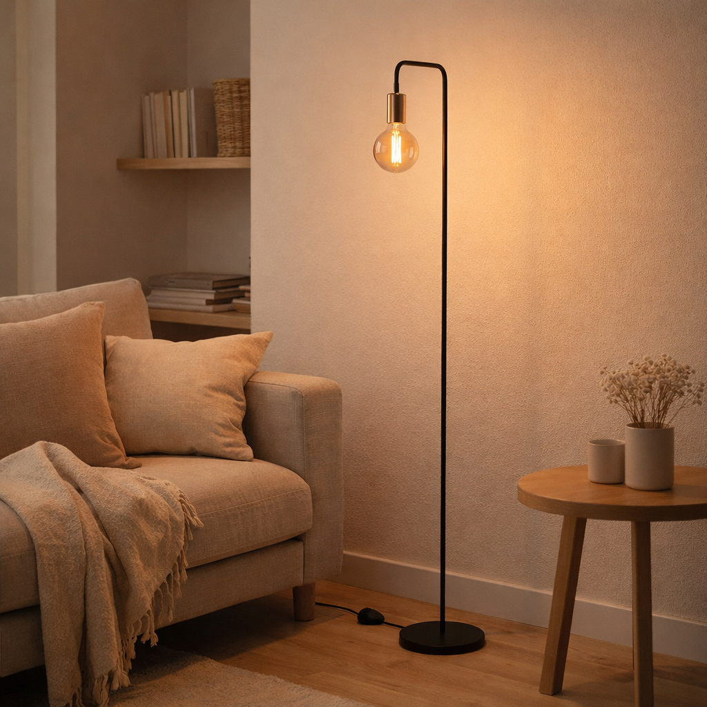Lampe debout modo en métal en noir, versions en or, prise E27, lampe de table pour salon, salle à manger, cuisine, couloir, couloir ou bureau, 150 haut en situation