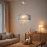 Deko Pendant Light Crystallo, lampe suspendue en métal, en plastique transparent et matériau textile gris, socket E27, pour salle à manger, salon, couloir ou bureau, 30 cm de diamètre en situation