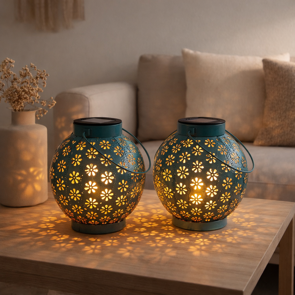 Lot de 2 lampes solaires décoratives LED l/b : 18cm bleu en situation