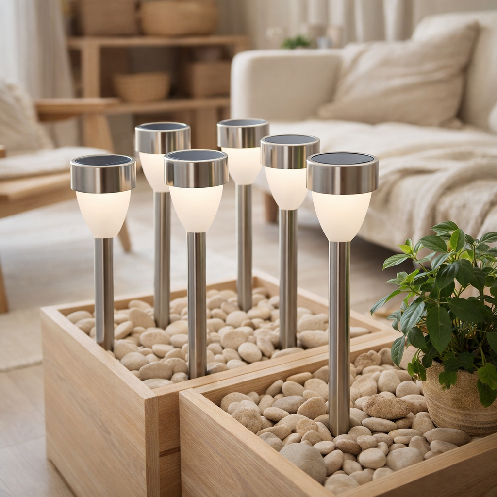6 réglage de la lumière extérieure solaire LED avec brochette de terre en métal et plastique de couleur en acier inoxydable, avec LED intégrée en situation