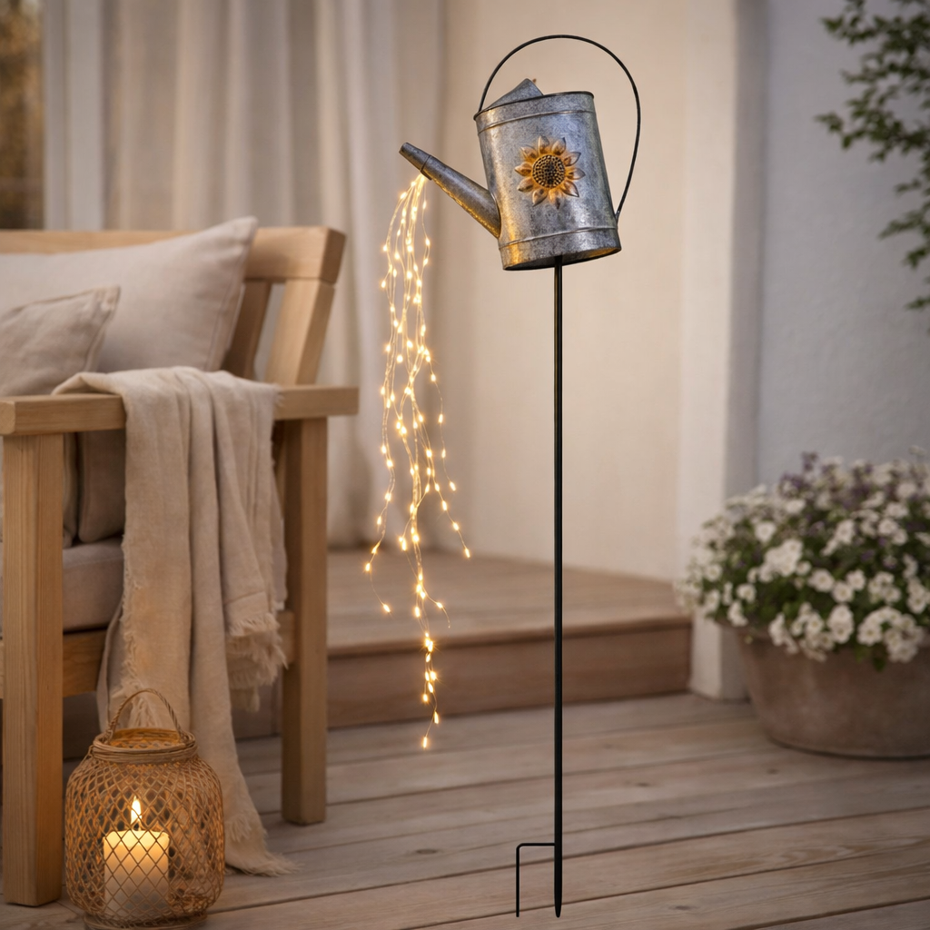 Brochette de terre solaire LED (canette d'arrosage) h: 110 cm galvanisé, pour une brochette à l'extérieur, en métal et en plastique en argent, avec une LED intégrée en situation