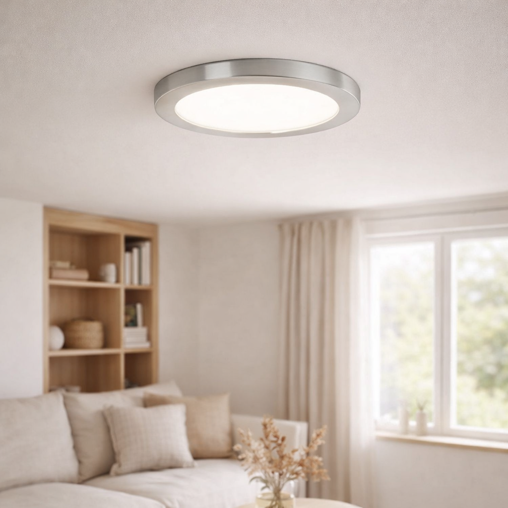 Le plafond LED bonus, fonction, plafond métallique et plastique, les anneaux en chrome et blanc peuvent être modifiés, avec des LED fermement construites, 22,5 cm de diamètre en situation