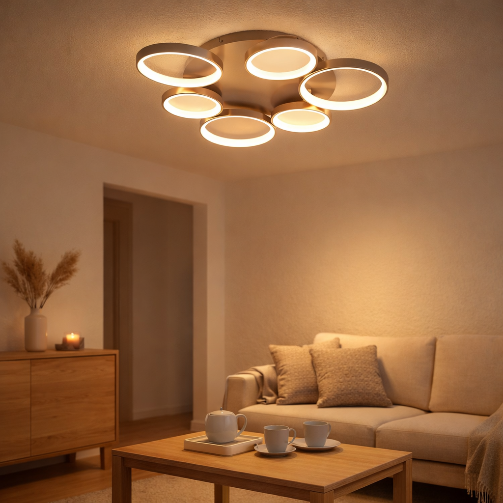 Plafond LED Stelari Ø 56 cm, en métal en plastique en acier et en plastique blanc, avec des LED fermement intégrées, lamp-plafond pour le salon ou le bureau en situation