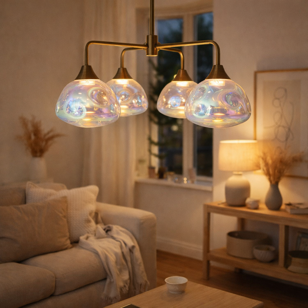 LED PENDANT LAMP 5-FLAME Varna, lampe pendentielle en métal de couleur en laiton et en verre d'iris, LED fermement intégré, 50 cm de diamètre, éclairage élégant pour le salon, la salle à manger ou le couloir en situation